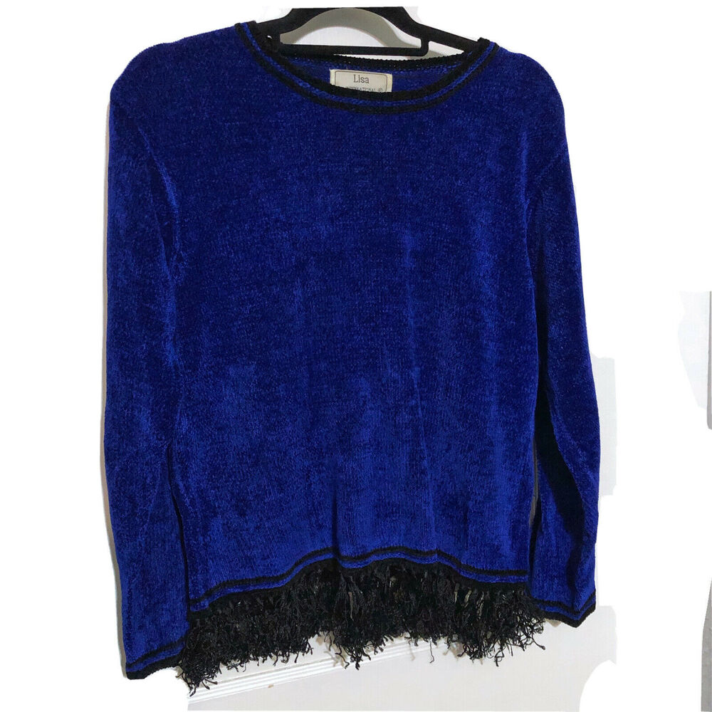 lisa international Sweater M Medium Chenille Blue Black Fringe 90’s
